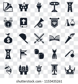 Set Of 25 transparent icons such as Crown, Standard, Banner, Castle, Crossbow, Alchemy, Bridge, Beer, Tower, Drum, Torch, web UI transparency icon pack