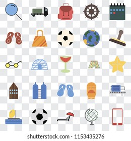 Set Of 25 transparent icons such as Phone, Globe, Sunbed, Ball, Parasailing, Stamp, Swimsuit, Flip flops, Hotel, Backpack, Trailer, web UI transparency icon pack