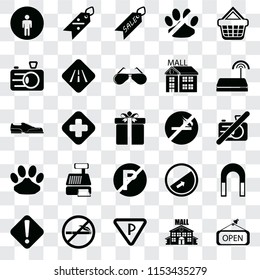 Set Of 25 transparent icons such as Open, Mall, Parking, No smoking, Warning, Wifi, parking, Pet, Camera, Sale, Discount, web UI transparency icon pack