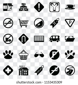 Set Of 25 transparent icons such as Roads, No smoking, Sale, Mall, Hospital, Parking, Bus, Glasses, Pet, Warning, web UI transparency icon pack