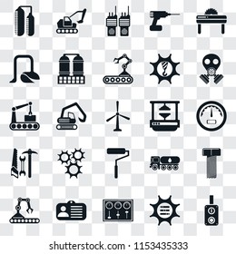 Set Of 25 transparent icons such as Switch, Options, Control panel, Id card, Conveyor, Gas mask, Machine press, Roller, Tools, Vacuum, Walkie talkie, Excavator, web UI transparency icon pack