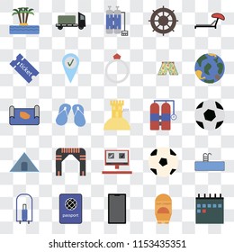 Set Of 25 transparent icons such as Calendar, Sun protection, Phone, Passport, Bellhop, Globe, Aqualung, Booking, Tent, Tickets, Oxygen tank, Trailer, web UI transparency icon pack