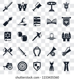 Set Of 25 transparent icons such as Tower, Gown, Shield, Archery, Wheelbarrow, Standard, Coif, Horseshoe, Axes, Bladder pipe, Cup, Castle, web UI transparency icon pack