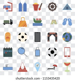 Set Of 25 transparent icons such as Cocktail, Sunbed, Check in, Purse, Swimming pool, Flip flops, Arch, Suitcases, Calendar, Trailer, Sand bucket, Oxygen, web UI transparency icon pack