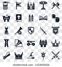 Set Of 25 transparent icons such as Swords, Banner, Witch, Viking, Gauntlet, Beer, Sword, Trebuchet, Tower, Castle, Church, Flag, web UI transparency icon pack