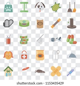 Set Of 25 transparent icons such as Syringe, Band aid, Mouse, Frisbee, Pet shop, Scratching, Fish, Cat food, Dog, Grooming glove, Platform, web UI transparency icon pack