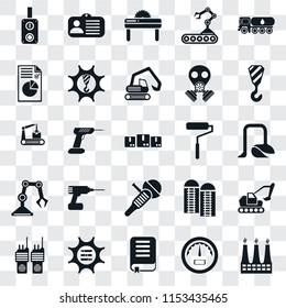 Set Of 25 transparent icons such as Factory, Gauge, Book, Options, Walkie talkie, Crane, Roller, Sanding machine, Industrial robot, Plan, Saw, Id card, web UI transparency icon pack