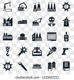 Set Of 25 transparent icons such as Book, Silo, Conveyor, Saw, Machinery, Mill, print, Machine press, Crane, Factory, Nuclear plant, Digger, web UI transparency icon pack