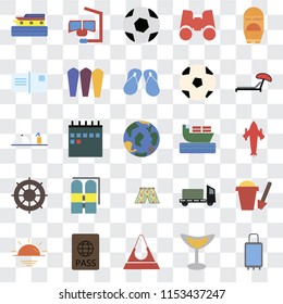 Set Of 25 transparent icons such as Suitcases, Cocktail, Purse, Passport, Sunset, Sunbed, Ship, Swimsuit, Helm, Postcards, Ball, Snorkel, web UI transparency icon pack