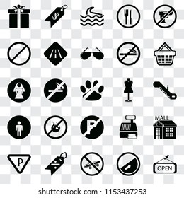 Set Of 25 transparent icons such as Open, Slope, Skateboard, Discount, Parking, Shopping basket, Mannequin, No parking, Restroom, Forbidden, Wave, Price, web UI transparency icon pack