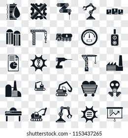 Set Of 25 transparent icons such as Planning, Options, Industrial robot, Excavator, Saw, Switch, Crane, Digger, Factory, Silo, Drilling machine, web UI transparency icon pack