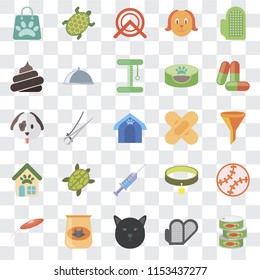 Set Of 25 transparent icons such as Canned food, Grooming glove, Cat, Cat Frisbee, Drugs, Band aid, Syringe, Pet shop, Poop, Wheel, Turtle, web UI transparency icon pack