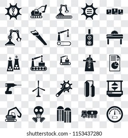 Set Of 25 transparent icons such as Gauge, Tank truck, Silo, Gas mask, Digger, Saw, Mill, Maintenance, Drill, Industrial robot, Conveyor, Excavator, web UI transparency icon pack