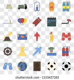 Set Of 25 transparent icons such as Ball, Passport, Globe, Flip flops, Sunbed, Cocktail, Plane, Helm, Room service, Bellhop, Trailer, web UI transparency icon pack