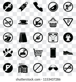 Set Of 25 transparent icons such as No smoking, Glasses, Forbidden, Mall, parking, Parking, Junction, Shopping cart, pets, Skateboard, Telephone, Discount, web UI transparency icon pack