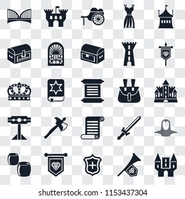 Set Of 25 transparent icons such as Castle, Fanfare, Shield, Standard, Beer, Banner, Belt pouch, Scroll, Pillory, Chest, Wheelbarrow, web UI transparency icon pack