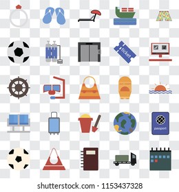 Set Of 25 transparent icons such as Calendar, Trailer, Notebook, Purse, Ball, Booking, Sun protection, Sand bucket, Waiting room, Sunbed, Flip flops, web UI transparency icon pack