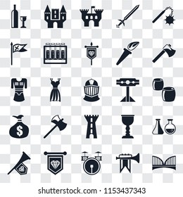 Set Of 25 transparent icons such as Bridge, Fanfare, Drum, Standard, Axe, Pillory, Tower, Money bag, Flag, Castle, web UI transparency icon pack