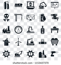 Set Of 25 transparent icons such as Drill, Factory, Machinery, Excavator, Options, Robot arm, Switch, Conveyor, Mill, Gas mask, Machine press, Tank truck, web UI transparency icon pack