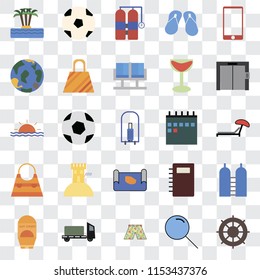 Set Of 25 transparent icons such as Helm, Search, Swimsuit, Trailer, Sun protection, Elevator, Calendar, Map, Bag, Globe, Aqualung, Ball, web UI transparency icon pack