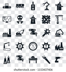 Set Of 25 transparent icons such as Drill, Saw, Drilling machine, Nuclear plant, Crane, Maintenance, Gauge, Robotic arm, Stock, Switch, Tank truck, web UI transparency icon pack