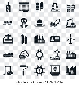 Set Of 25 transparent icons such as Factory, Machine press, Machinery, Roller, Vacuum, Conveyor, Id card, Settings, Cargo truck, Silo, print, web UI transparency icon pack