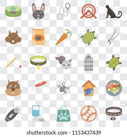 Set Of 25 transparent icons such as Collar, Toy, Shopping bag, Water tank, Razor, Nail trimmer, Cage, Spider, Hamster, Leash, Rabbit, web UI transparency icon pack