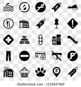 Set Of 25 transparent icons such as Sale, Parking, Pet, Shopping basket, Mall, Warning, Electrical appliances, Cit card, Jeans, Restaurant, No smoking, water, web UI transparency icon pack