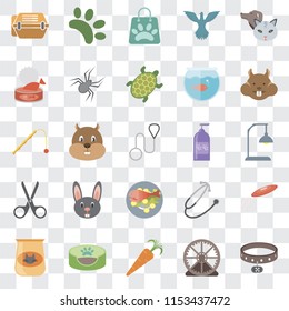 Set Of 25 transparent icons such as Collar, Hamster ball, Carrot, Pet bed, Cat food, Hamster, Shampoo, Fish Scissors, Shopping bag, Animal, web UI transparency icon pack