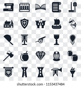 Set Of 25 transparent icons such as Torch, Fanfare, Tower, Standard, Crossbow, Goblet, Jewelry, Axe, House, Bridge, Alchemy, web UI transparency icon pack