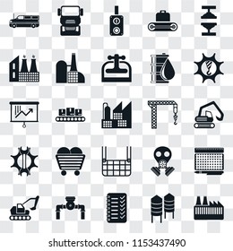 Set Of 25 transparent icons such as Factory, Silo, Planning, Pump, Excavator, Machinery, Crane, Elevator, Settings, Switch, Truck, web UI transparency icon pack