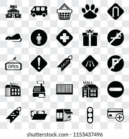 Set Of 25 transparent icons such as Cit card, Traffic light, Store, Wallet, Discount, No smoking, Road, Barcode, Mall, Rats, Shopping basket, Bus, web UI transparency icon pack