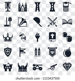 Set Of 25 transparent icons such as Jewelry, Cannon, Trebuchet, Viking, Castle, Bridge, Bible, Tower, Shield, Tools, Church, web UI transparency icon pack
