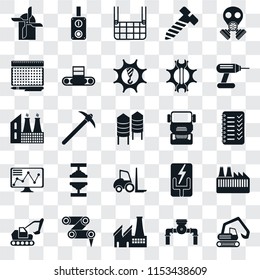 Set Of 25 transparent icons such as Digger, Pump, Factory, Robot arm, Excavator, Drill, Truck, Forklift, Stock, print, Elevator, Switch, web UI transparency icon pack