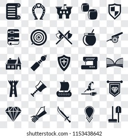 Set Of 25 transparent icons such as Tools, Necklace, Sword, Gauntlet, Jewelry, Cannon, Sewing machine, Viking ship, Tower, Book, Castle, Horseshoe, web UI transparency icon pack