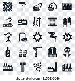 Set Of 25 transparent icons such as Factory, Cogwheel, Bolt, Silo, Drilling machine, Crane, Switch, Conveyor, Excavator, Roller, web UI transparency icon pack