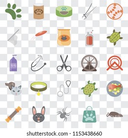 Set Of 25 transparent icons such as Mouse, Shopping bag, Spider, Rabbit, Rope, Turtle, Hamster ball, Leash, Pet, Net, Pet bed, food, web UI transparency icon pack