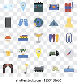 Set Of 25 transparent icons such as Swimming pool, Swimsuit, Railway, Beach volleyball, Arch, Sand castle, Surfing, Gps, Towel, Phone, Calendar, Check in, web UI transparency icon pack