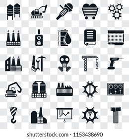 Set Of 25 transparent icons such as Bolt, Machinery, Planning, Factory, Crane, print, Digger, Sanding machine, Excavator, web UI transparency icon pack