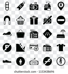 Set Of 25 transparent icons such as Electricity, No smoking, Open, Restroom, Shoes, Forbidden, Road, Cit card, parking, Magnet, Camera, Discount, web UI transparency icon pack