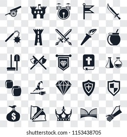 Set Of 25 transparent icons such as Gauntlet, Bridge, Crown, Crossbow, Money bag, Cauldron, Bible, Jewelry, Beer, Morning star, Drum, Castle, web UI transparency icon pack