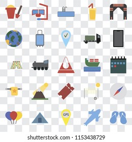 Set Of 25 transparent icons such as Flip flops, Plane, Gps, Tent, Balloon, Phone, Ship, Tickets, Towel, Globe, Swimming pool, Snorkel, web UI transparency icon pack
