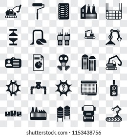 Set Of 25 transparent icons such as Conveyor, Truck, Silo, Factory, Packages, Industrial robot, Machinery, Settings, Machine press, Planning, Roller, web UI transparency icon pack