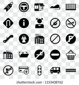 Set Of 25 transparent icons such as Train, Bus, Traffic light, Cit card, Gun, Skateboard, Forbidden, No smoking, Mall, Turn, Store, Junction, web UI transparency icon pack