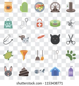 Set Of 25 transparent icons such as Shampoo, Pet house, Fish, Poop, Rabbit, Spider, Cat, Dustpan, Turtle, Shopping bag, Fish food, Glove, web UI transparency icon pack