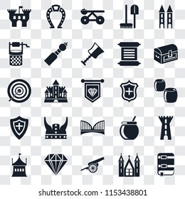 Set Of 25 transparent icons such as Book, Church, Cannon, Jewelry, Tent, Chest, Shield, Bridge, Water well, Trebuchet, Horseshoe, web UI transparency icon pack
