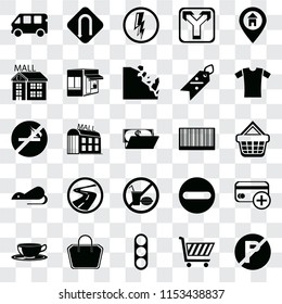 Set Of 25 transparent icons such as No parking, Shopping cart, Traffic light, Tote bag, Coffee cup, Shirt, Barcode, food, Rats, Mall, Electricity, Turn, web UI transparency icon pack