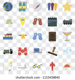 Set Of 25 transparent icons such as Sunset, Airplane, Sunglasses, Room service, Beach volleyball, Railway, Passport, Check out, Trailer, Swimsuit, Compass, Aqualung, web UI transparency icon pack