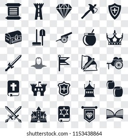 Set Of 25 transparent icons such as Bridge, Standard, Spellbook, Castle, Swords, Crown, Crossbow, Shield, Bible, Chest, Jewelry, Tower, web UI transparency icon pack
