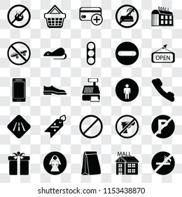 Set Of 25 transparent icons such as No smoking, Mall, Paper bag, Restroom, Gift, Open, Forbidden, Road, Skateboard, Cit card, Shopping basket, web UI transparency icon pack